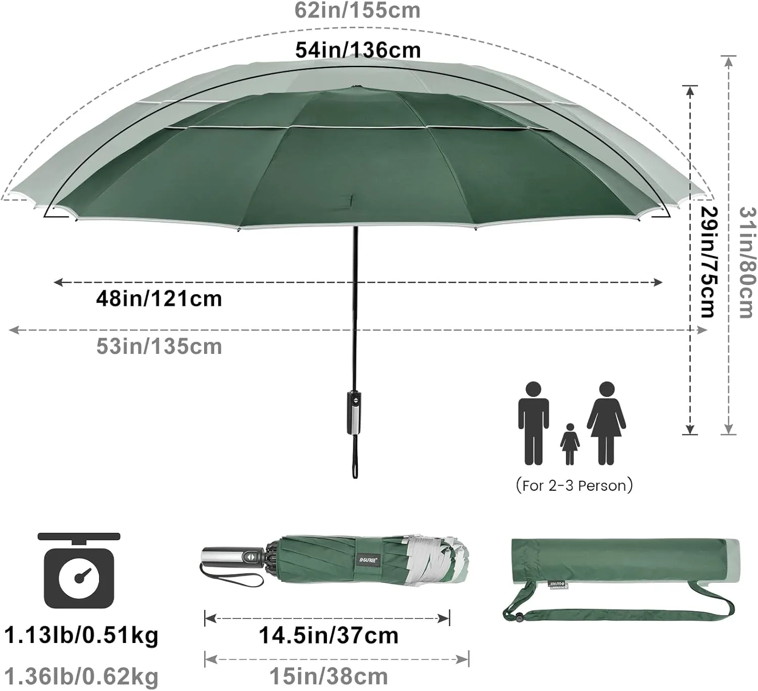 G4Free 54/62 Inch Windproof Inverted Umbrella with Reflective Stripe Large Compact Reverse Golf Umbrella for Rain 10 Ribs Double Canopy Travel Umbrella Automatic Open Close