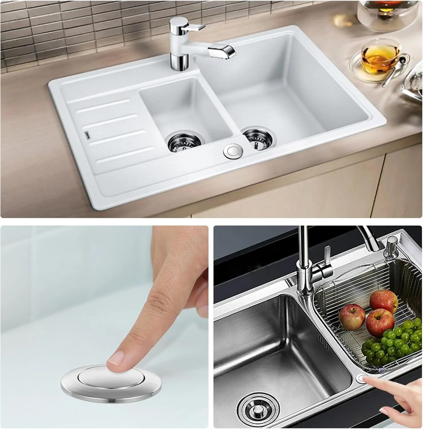 Garbage Disposal Air Switch Kit, Garbage Disposal Button, Kitchen Garbage Disposal Switch Button, Sink Top Waste Disposer On/Off (Brushed Stainless Steel)