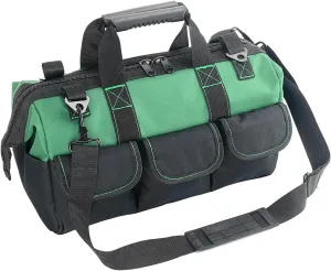Garden Tools Bag 16inch Wide Mouth Tool Bag with Molded Base and Plastic-Padded, Inside Pockets for Tool Storage,600D polyester fabric (Green color)