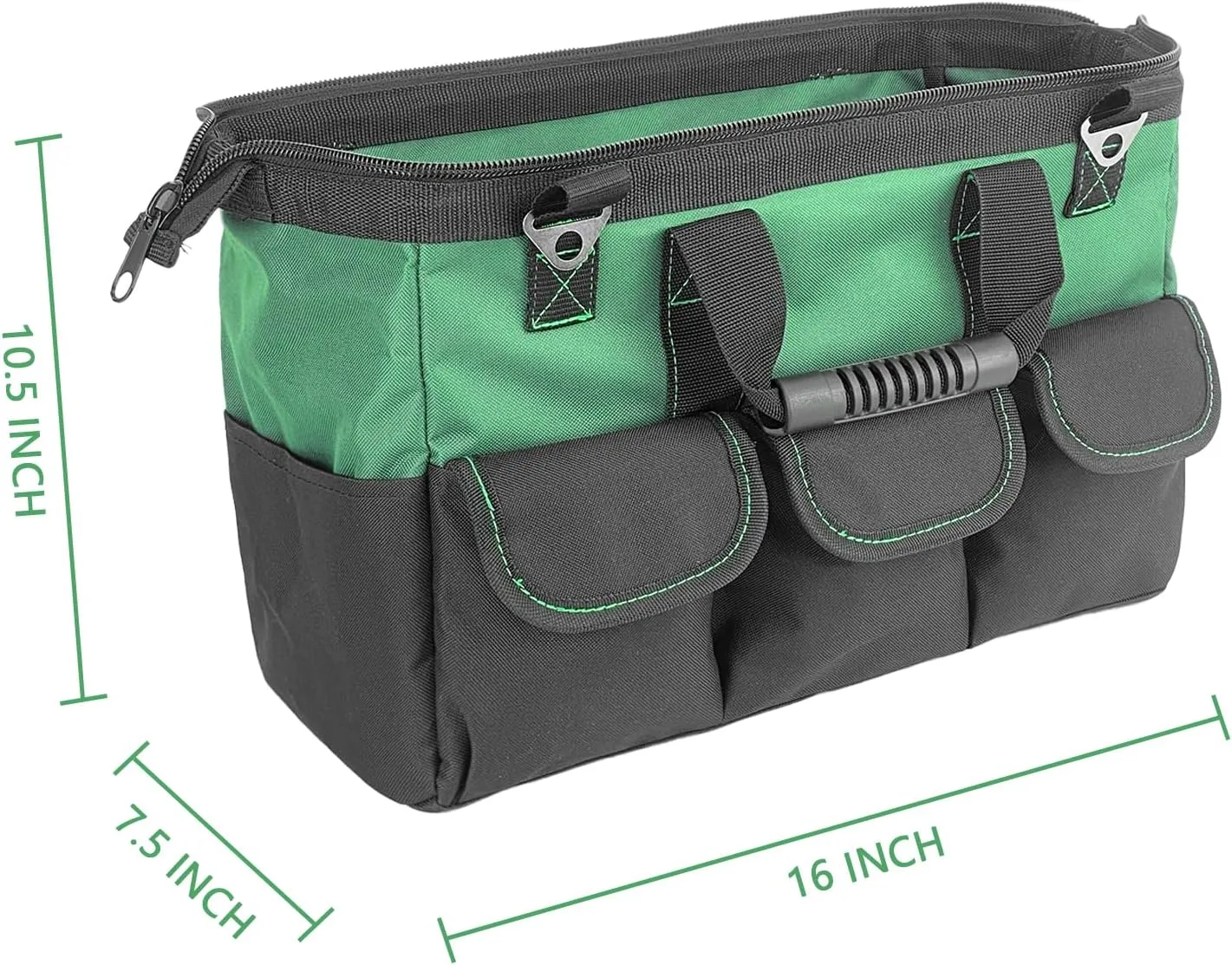 Garden Tools Bag 16inch Wide Mouth Tool Bag with Molded Base and Plastic-Padded, Inside Pockets for Tool Storage,600D polyester fabric (Green color)