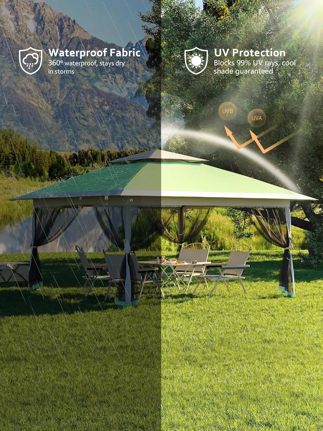 Garvee 13x13FT Pop Up Gazebo, Canopy Tent with Mosquito Netting,Outdoor Gazebos for Backyard & Patio Furniture - Pop Up Tent with Wheeled STO-N-Go Cover Bag (Olive Green Hemp Grey)