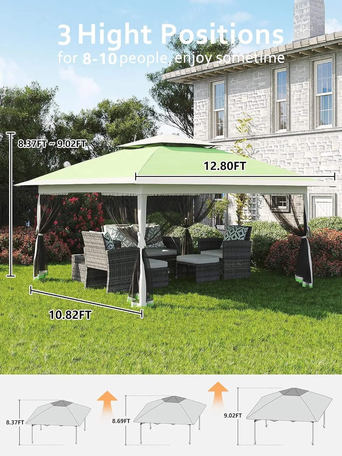 Garvee 13x13FT Pop Up Gazebo, Canopy Tent with Mosquito Netting,Outdoor Gazebos for Backyard & Patio Furniture - Pop Up Tent with Wheeled STO-N-Go Cover Bag (Olive Green Hemp Grey)