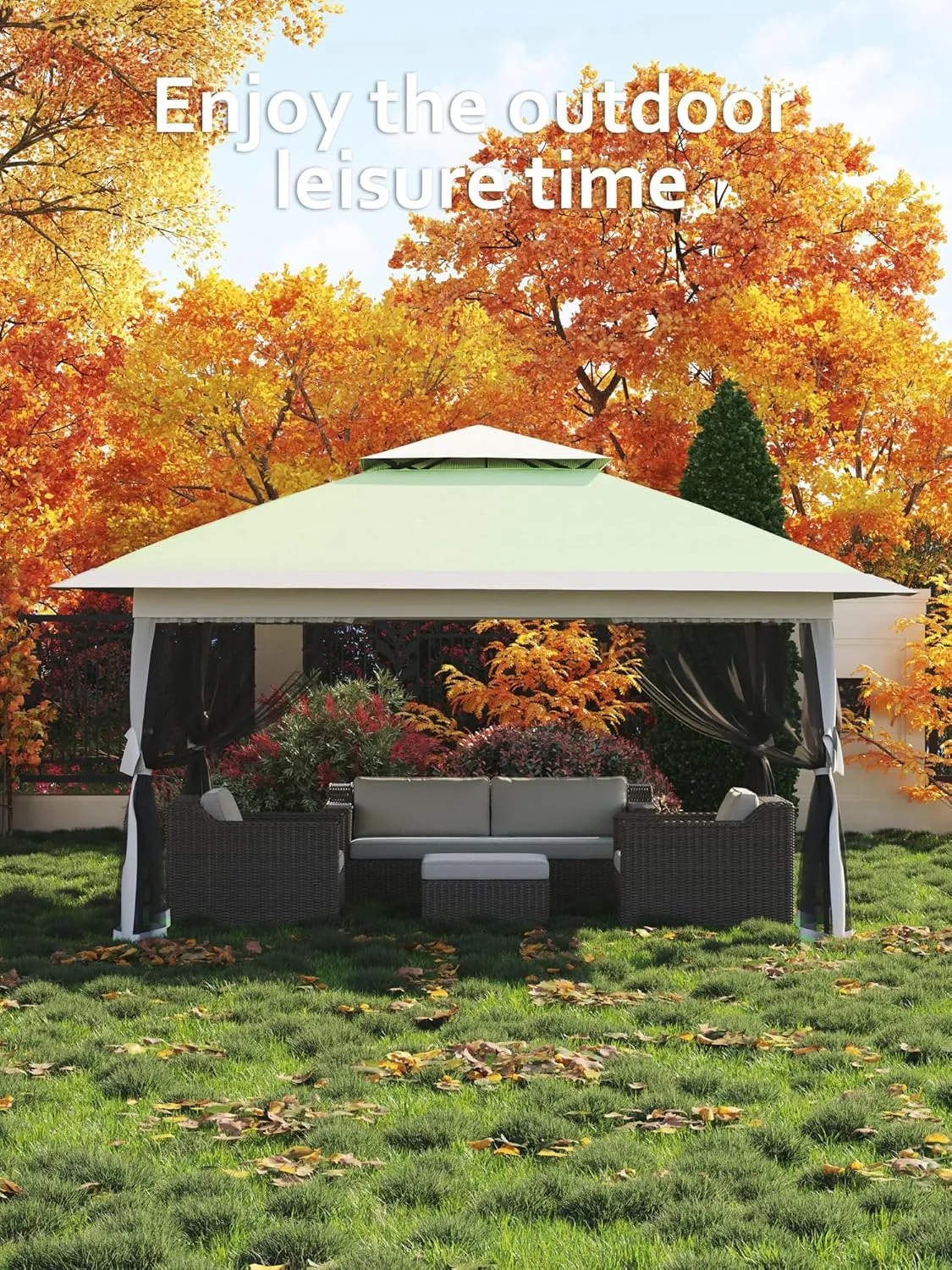 Garvee 13x13FT Pop Up Gazebo, Canopy Tent with Mosquito Netting,Outdoor Gazebos for Backyard & Patio Furniture - Pop Up Tent with Wheeled STO-N-Go Cover Bag (Olive Green Hemp Grey)