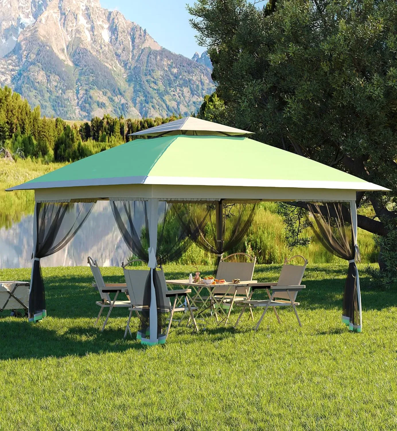 Garvee 13x13FT Pop Up Gazebo, Canopy Tent with Mosquito Netting,Outdoor Gazebos for Backyard & Patio Furniture - Pop Up Tent with Wheeled STO-N-Go Cover Bag (Olive Green Hemp Grey)