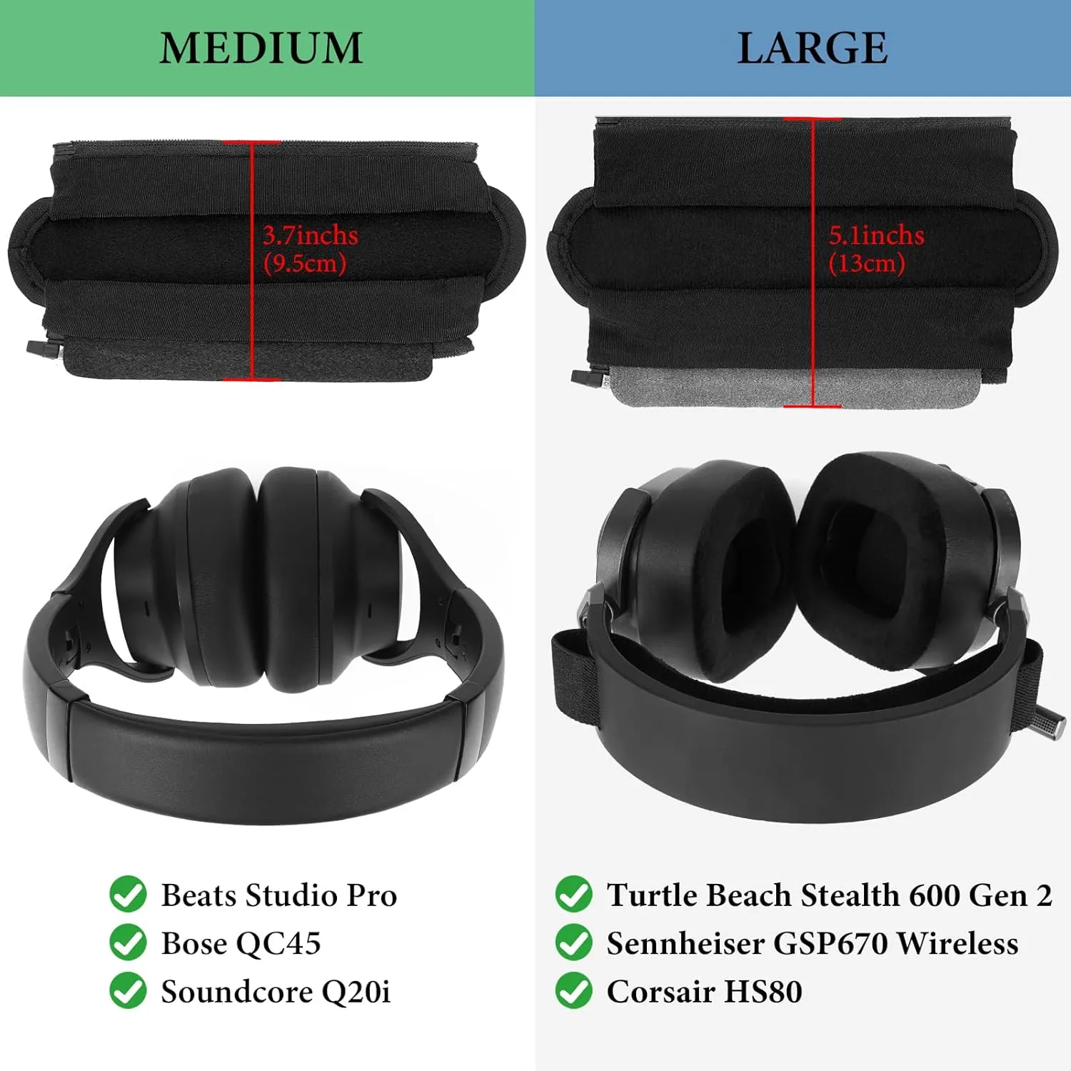 Geekria Large Hook and Loop Headband Cover & Pad Set, DIY Installation, No Tools Required, Compatible with Large Headphones (Fits 3.5-4.5 cm Headbands) (Black)