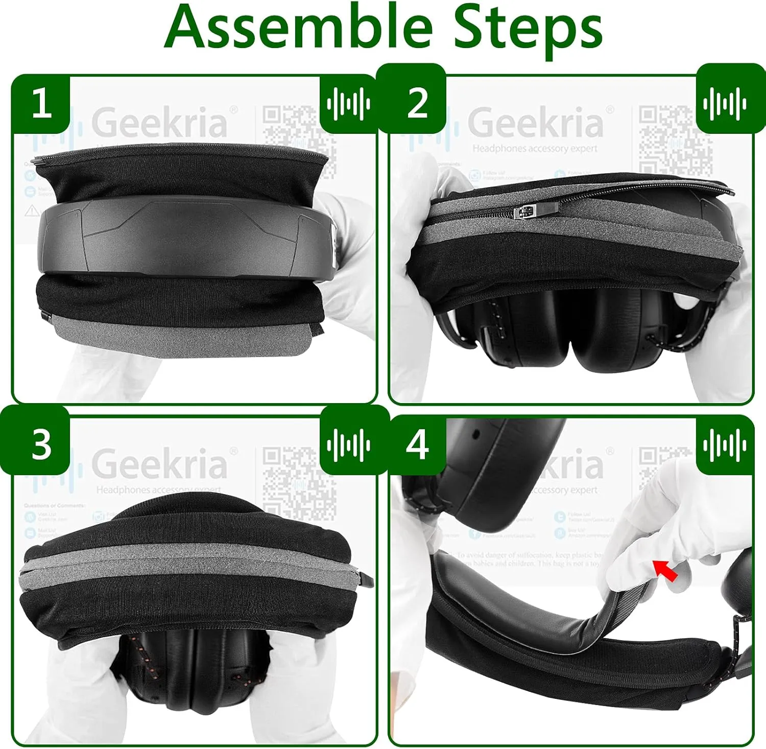 Geekria Large Hook and Loop Headband Cover & Pad Set, DIY Installation, No Tools Required, Compatible with Large Headphones (Fits 3.5-4.5 cm Headbands) (Black)