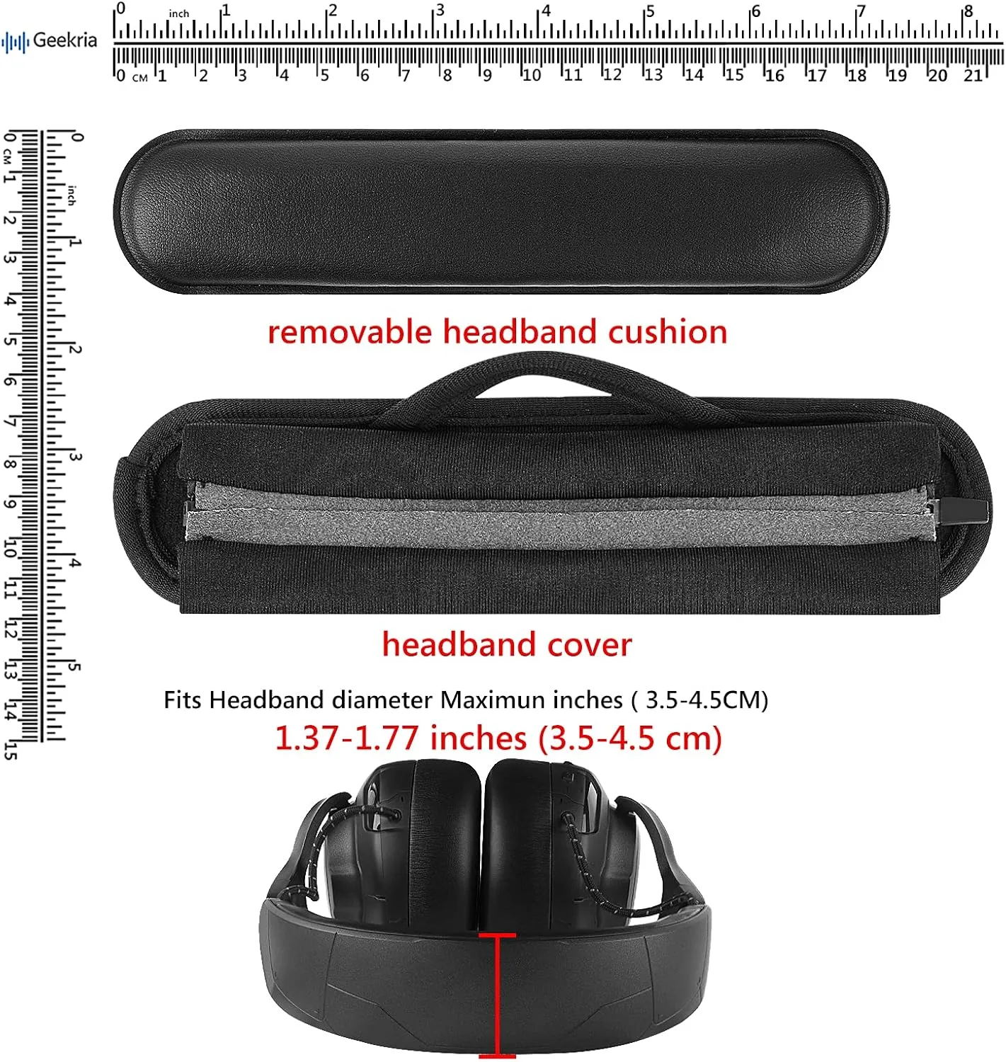Geekria Large Hook and Loop Headband Cover & Pad Set, DIY Installation, No Tools Required, Compatible with Large Headphones (Fits 3.5-4.5 cm Headbands) (Black)