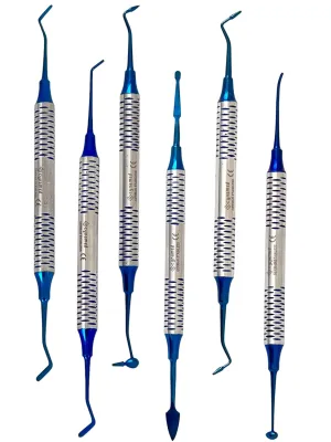 German Stainless-Dental Composite Non Stick Filling Instruments Kit in Stainless Steel Cassette (6 PCS Blue Titanium Coated)-Cynamed