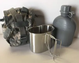 G.I. Type, U.S Made 1 QT Canteen with New Stainless Steel Cup & G.I. Military ACU MOLLE II Pouch KIT.(Foliage)