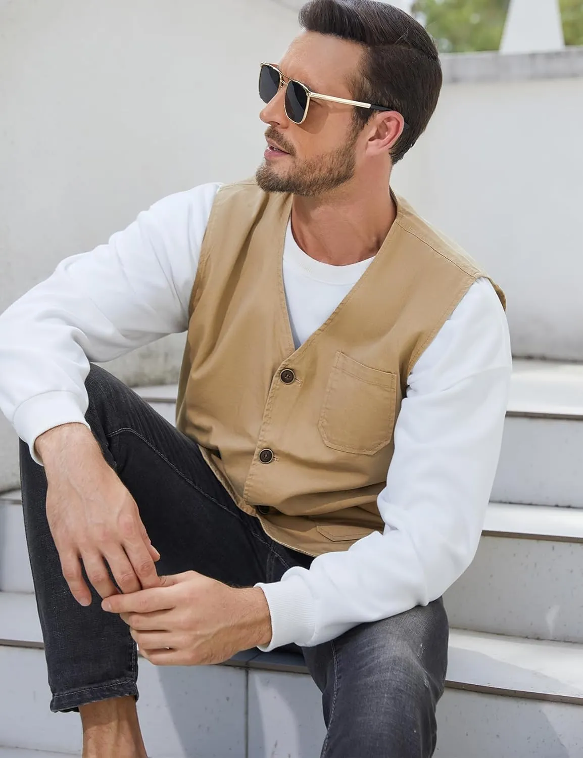 Gihuo Men's Travel Vest Casual Outdoor Multi-Pocket V-Neck Button Cotton Workwear Vest