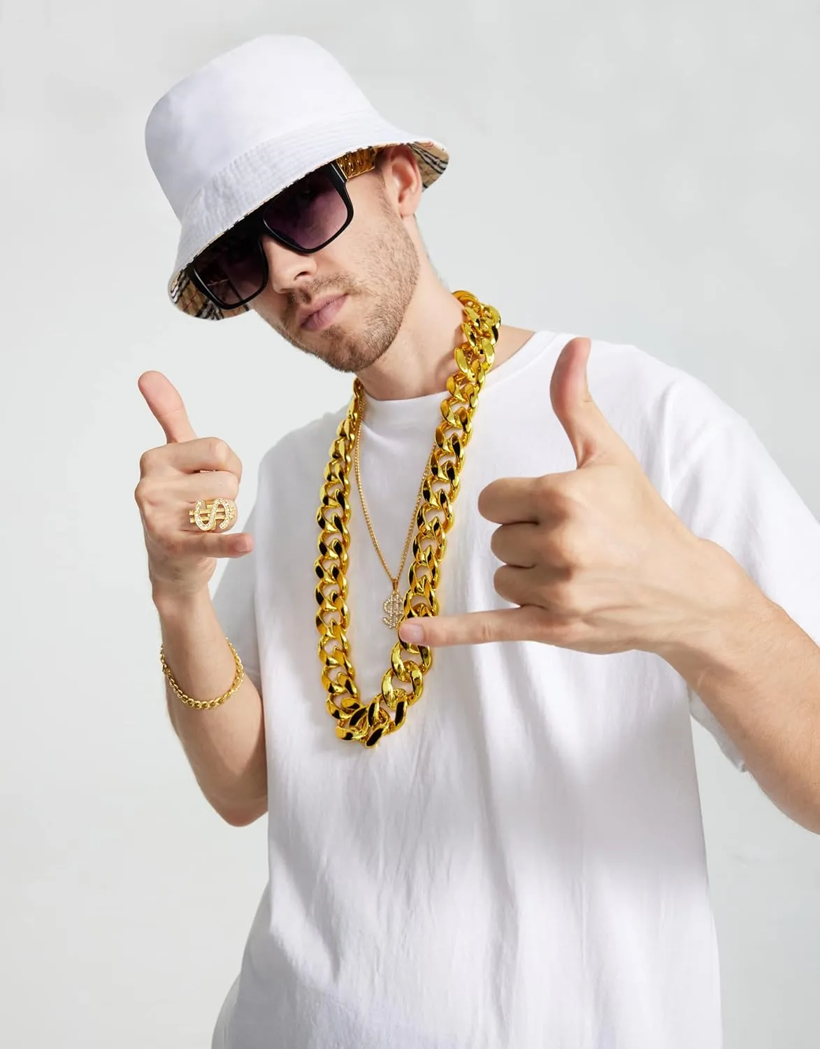 Gionforsy Hip Hop Costume Kit 80s 90s Rapper Accessories Bucket Hat Sunglasses Gold Chain Bracelet Ring