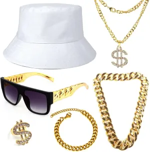 Gionforsy Hip Hop Costume Kit 80s 90s Rapper Accessories Bucket Hat Sunglasses Gold Chain Bracelet Ring