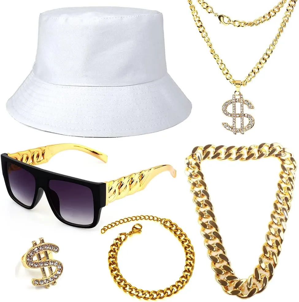 Gionforsy Hip Hop Costume Kit 80s 90s Rapper Accessories Bucket Hat Sunglasses Gold Chain Bracelet Ring
