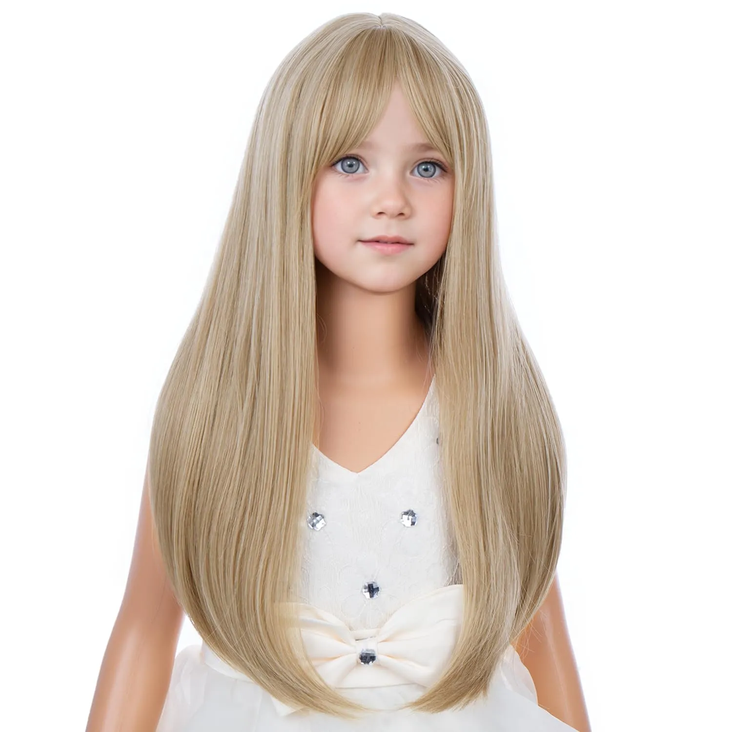 Girls Dirty Blonde Wig with Bangs Kids Long Mixed Blonde Straight Wig Children Wigs Synthetic Halloween Party Daily Costume Wigs