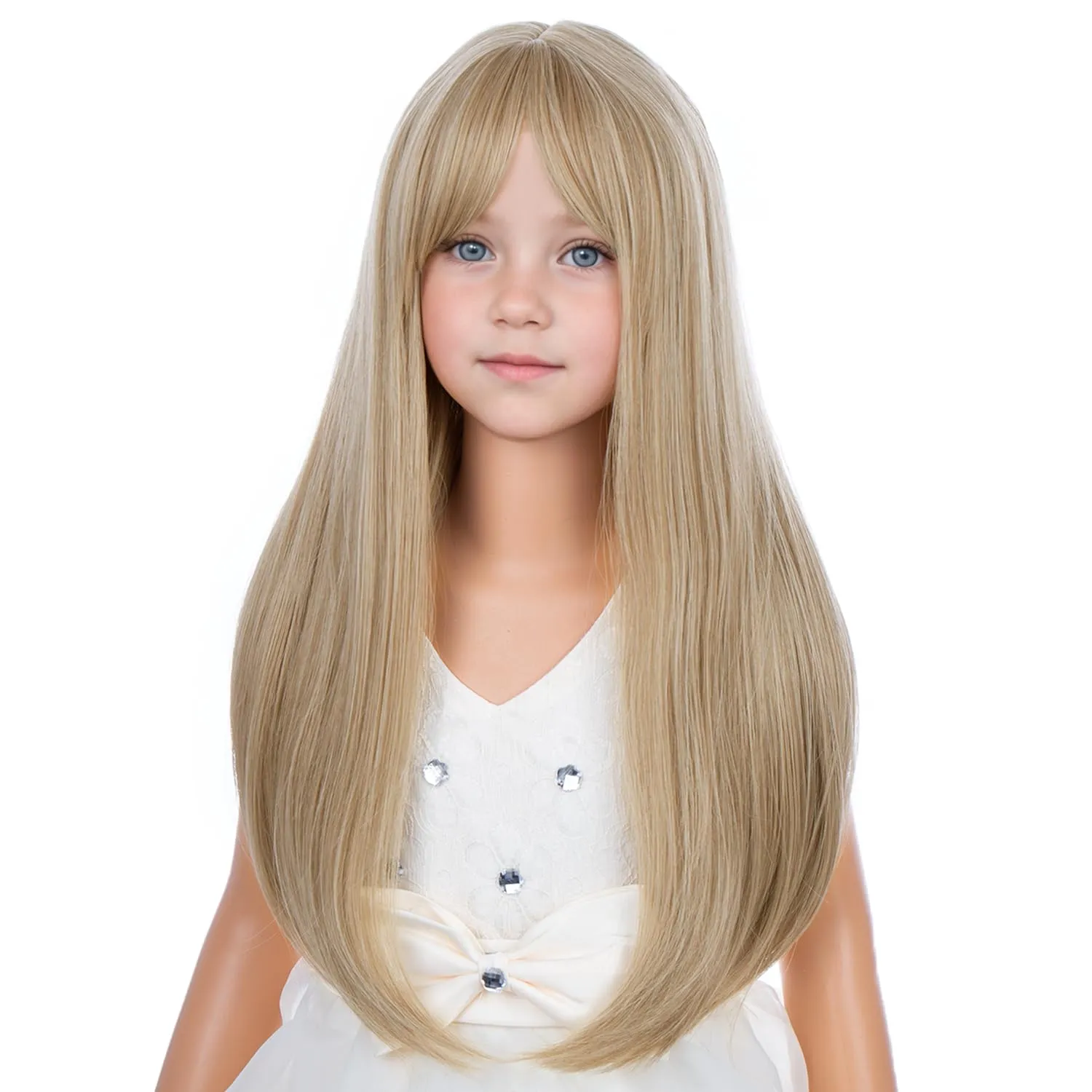 Girls Dirty Blonde Wig with Bangs Kids Long Mixed Blonde Straight Wig Children Wigs Synthetic Halloween Party Daily Costume Wigs