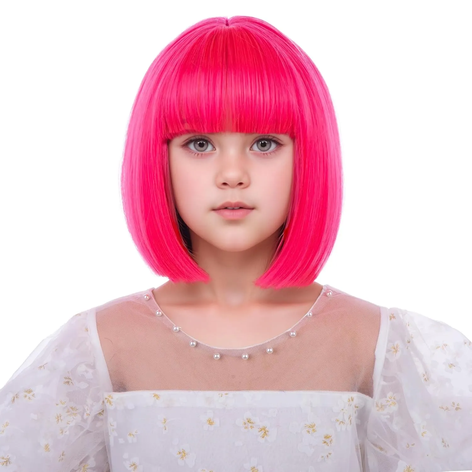 Girls Hot Pink Bob Wig Kids Short Rose Red Straight Wig Children Neon Pink Bob Wig with Bangs Heat Resistant Synthetic Hair with Cap