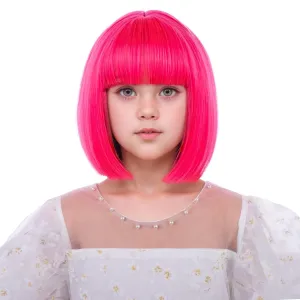 Girls Hot Pink Bob Wig Kids Short Rose Red Straight Wig Children Neon Pink Bob Wig with Bangs Heat Resistant Synthetic Hair with Cap