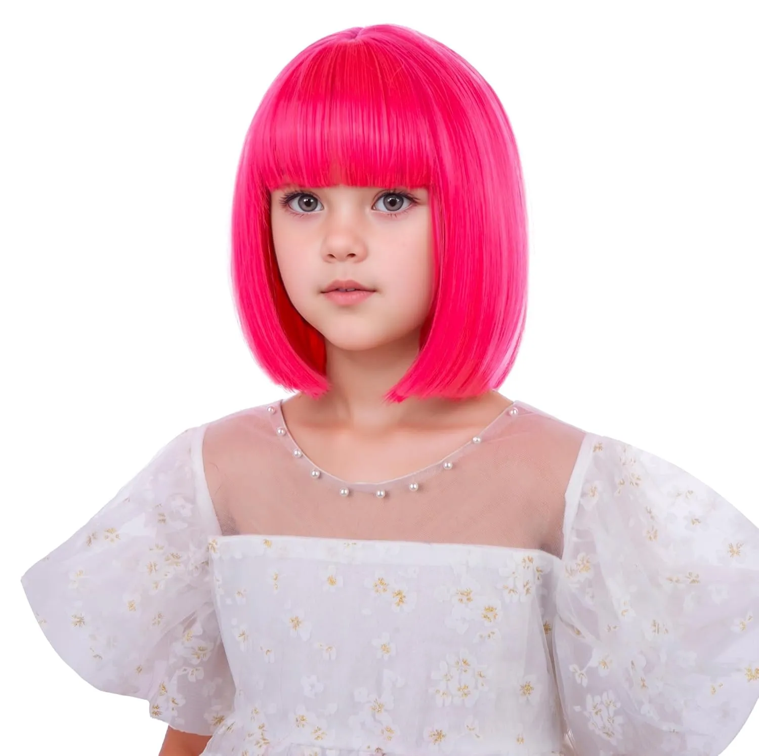 Girls Hot Pink Bob Wig Kids Short Rose Red Straight Wig Children Neon Pink Bob Wig with Bangs Heat Resistant Synthetic Hair with Cap