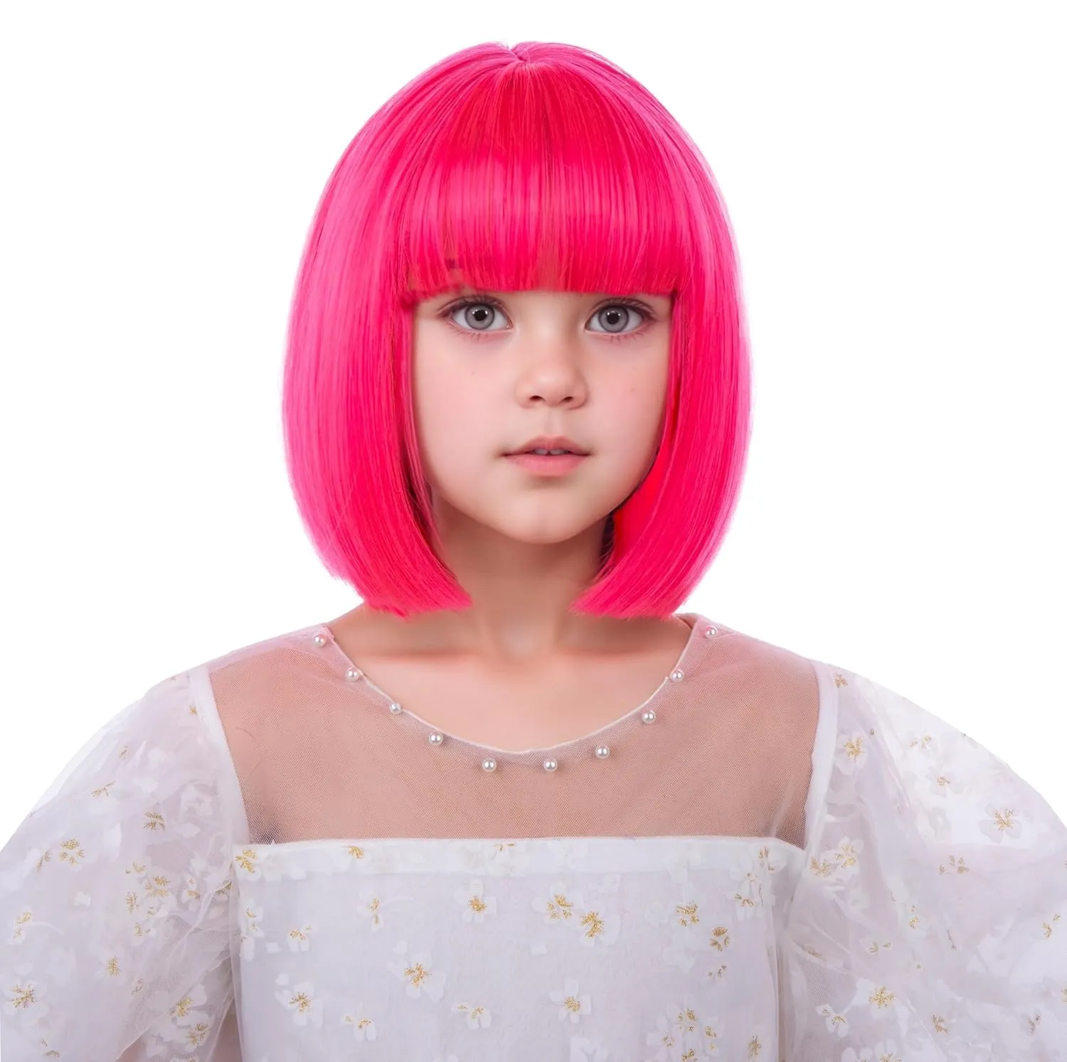 Girls Hot Pink Bob Wig Kids Short Rose Red Straight Wig Children Neon Pink Bob Wig with Bangs Heat Resistant Synthetic Hair with Cap