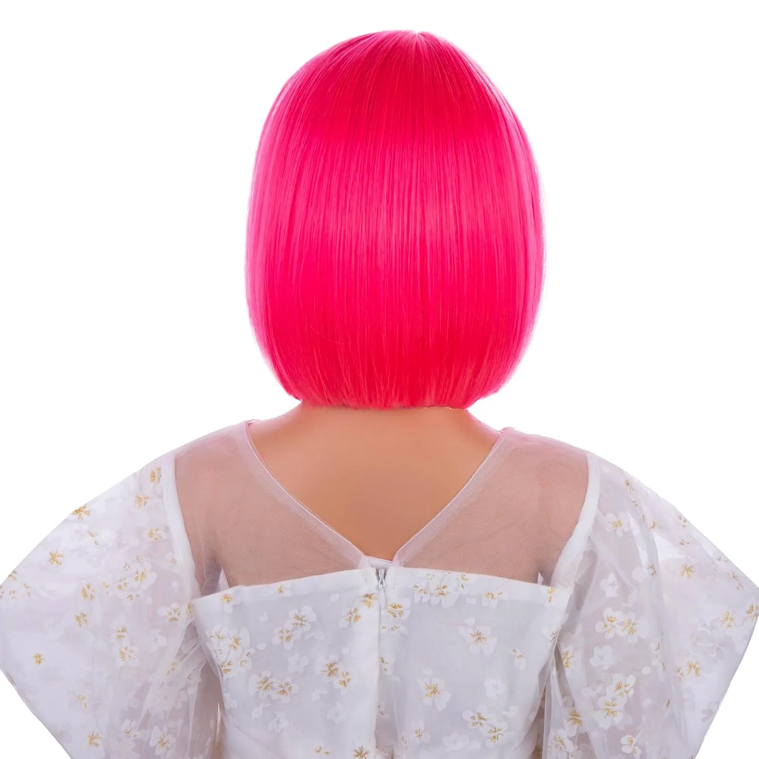 Girls Hot Pink Bob Wig Kids Short Rose Red Straight Wig Children Neon Pink Bob Wig with Bangs Heat Resistant Synthetic Hair with Cap