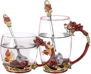 Glass Coffee Cup Tea Mug & Gifts with Spoon Set Handmade Enamel Butterfly Rose Flower for Mothers Day Gift, Women (2 Red Pack)