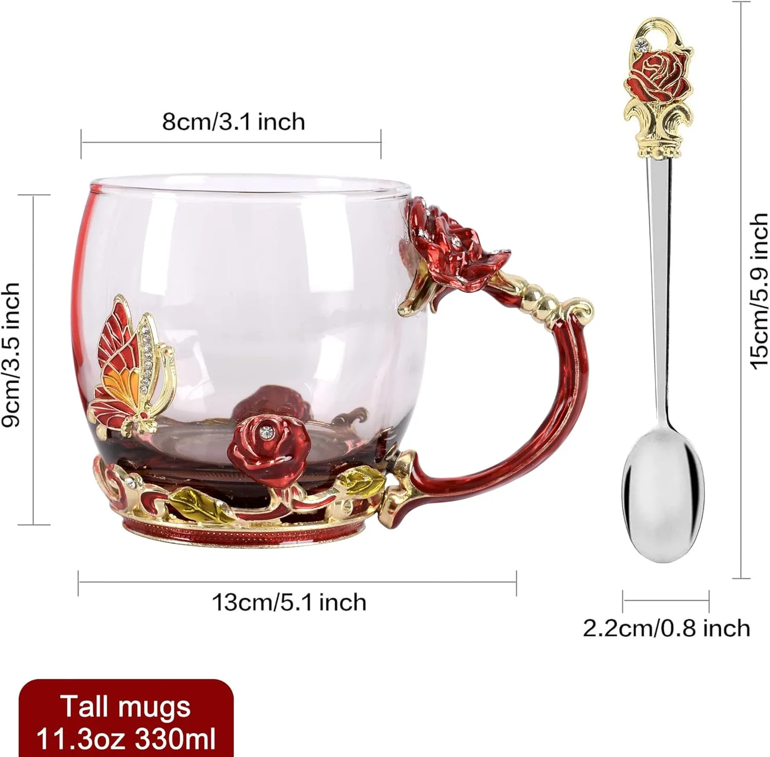Glass Coffee Cup Tea Mug & Gifts with Spoon Set Handmade Enamel Butterfly Rose Flower for Mothers Day Gift, Women (2 Red Pack)