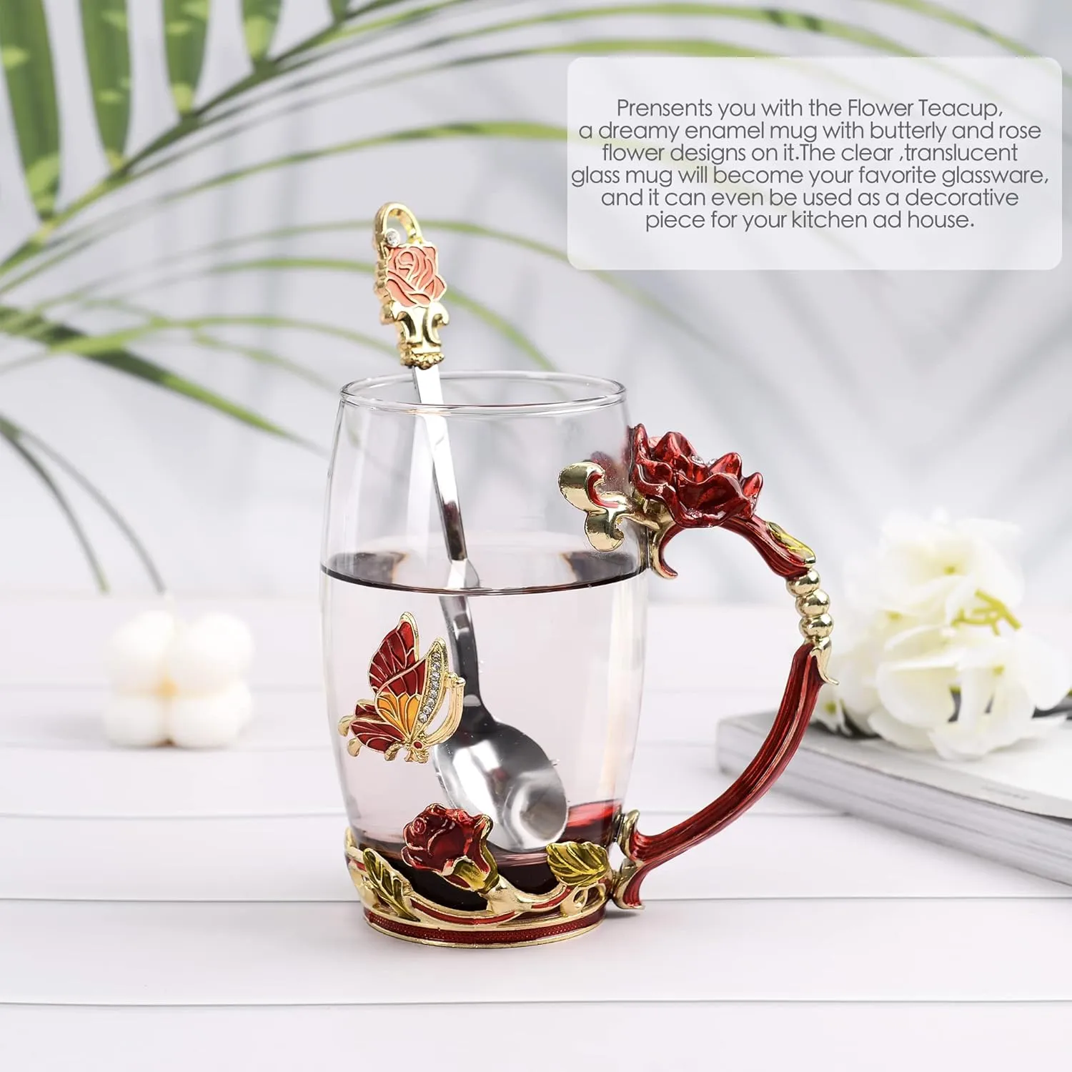 Glass Coffee Cup Tea Mug & Gifts with Spoon Set Handmade Enamel Butterfly Rose Flower for Mothers Day Gift, Women (2 Red Pack)