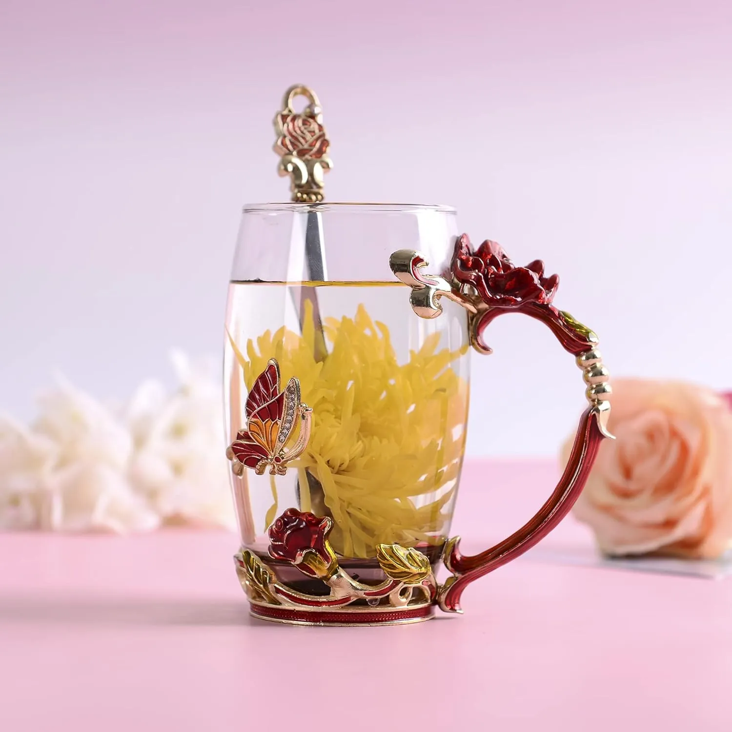 Glass Coffee Cup Tea Mug & Gifts with Spoon Set Handmade Enamel Butterfly Rose Flower for Mothers Day Gift, Women (2 Red Pack)