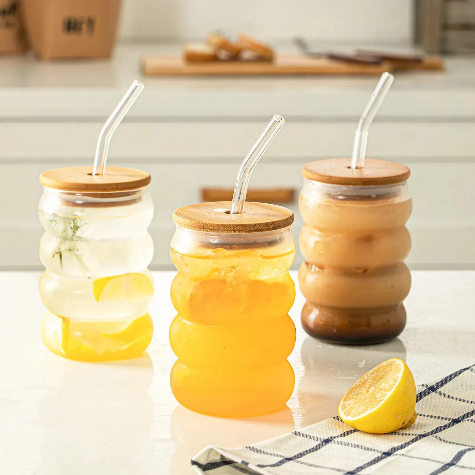 Glass Cup with Lid Straw Heat-resistant Wave Cup