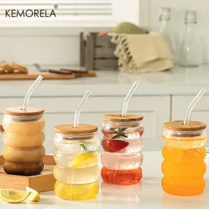 Glass Cup with Lid Straw Heat-resistant Wave Cup