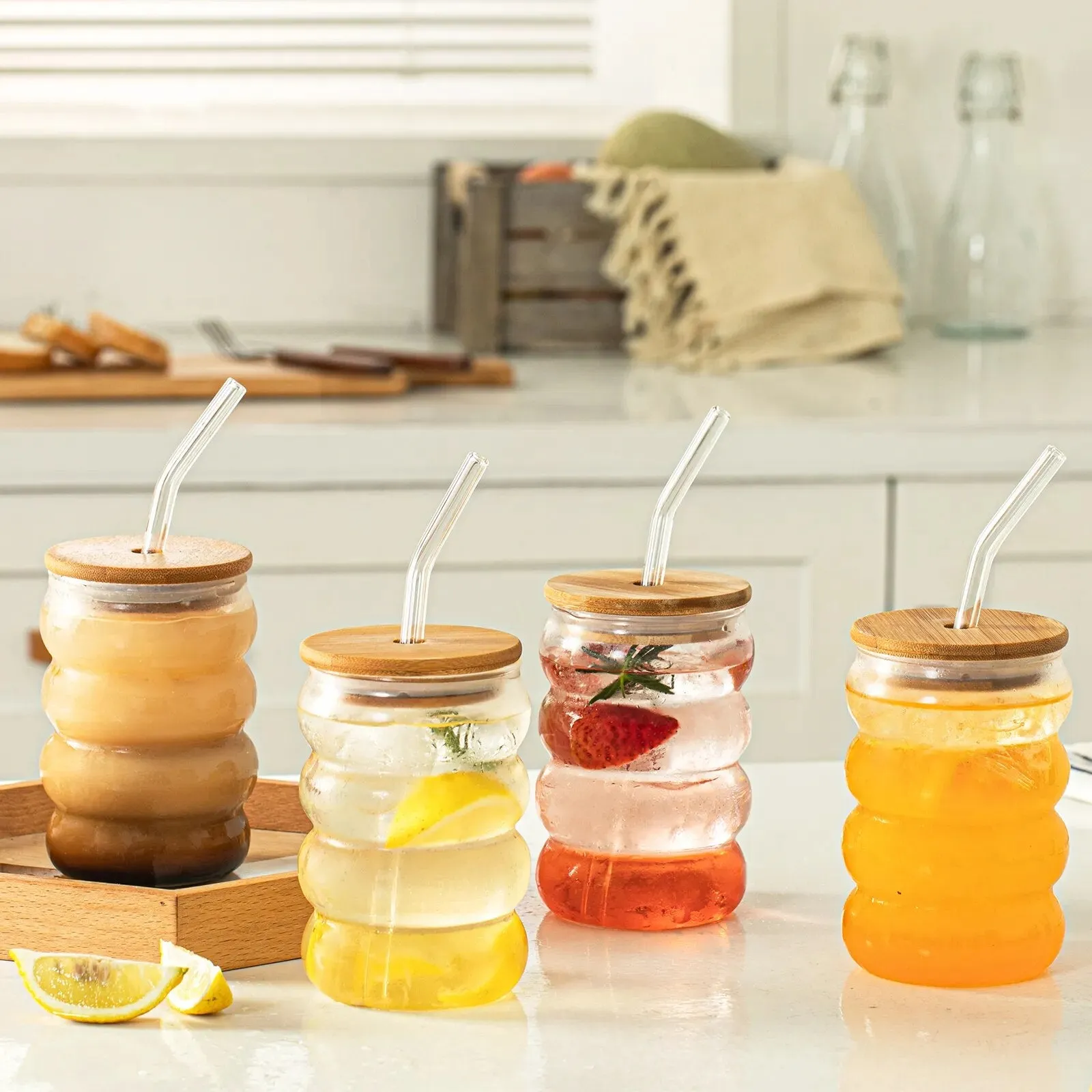 Glass Cup with Lid Straw Heat-resistant Wave Cup