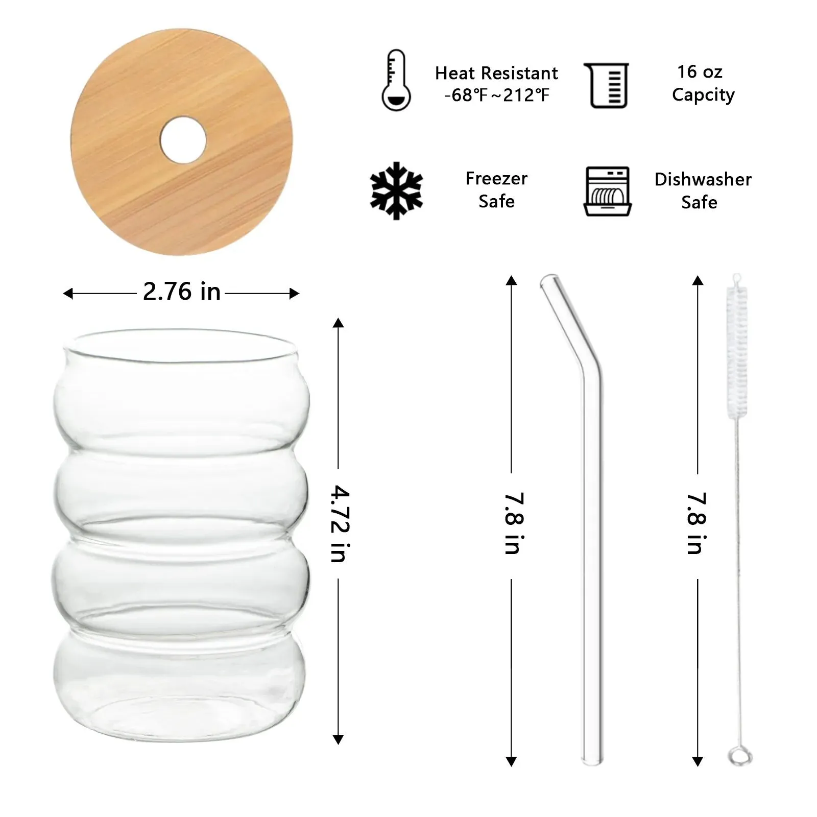 Glass Cup with Lid Straw Heat-resistant Wave Cup