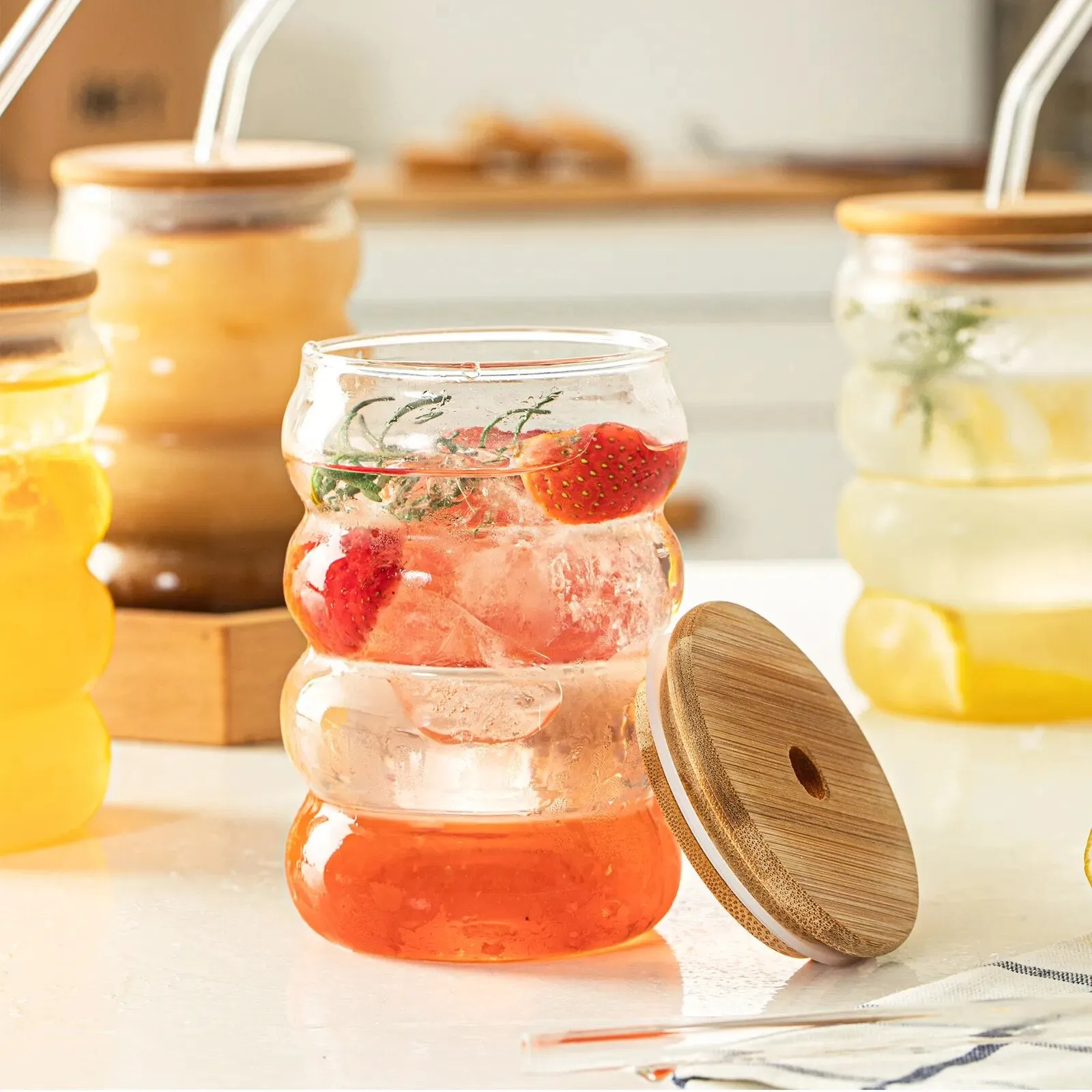 Glass Cup with Lid Straw Heat-resistant Wave Cup