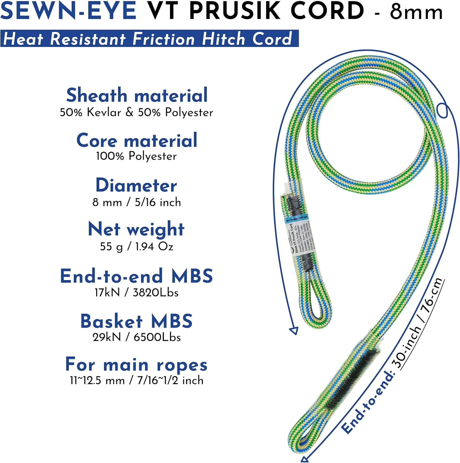 GM CLIMBING 8mm (5/16in) VT Prusik Swen Eye-to-Eye Pre-Sewn Heat Resistant Friction Hitch Cord Kevlar & Polyester 30inch