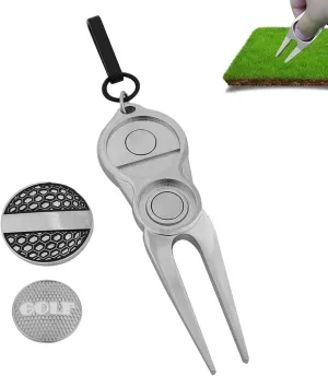 Golfs Pitchfork, Metal Golfs Divot Repair Tool with 2 Removable Ball Markers and Key Ring Training Aids for Golfers
