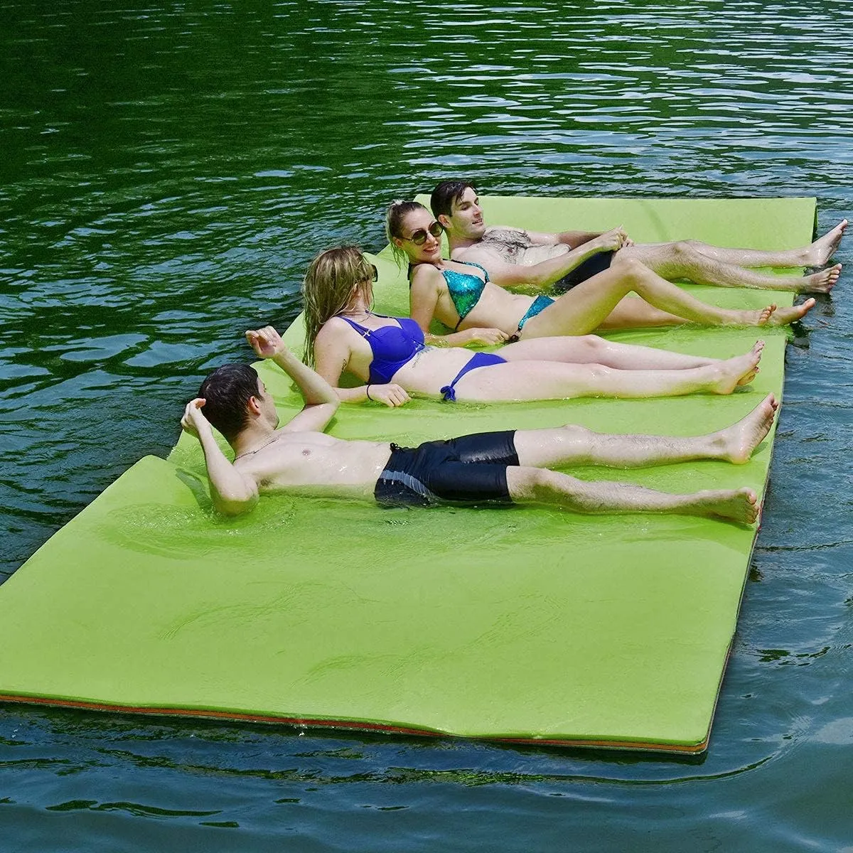 Goplus 12' x 6’ Floating Water Pad, 3-Layer Tear-Resistant XPE Foam Mat, with Mooring Device and Hook-Loop Straps Roll-Up Floating Island for 4-6 Person on Pool Lake River