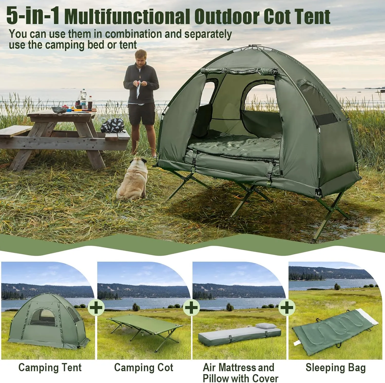 Goplus Camping Tent Cot, 5-in-1 Folding Camping Bed with Awning, Air Mattress, Sleeping Bag, Bedspread, Off Ground Elevated 1-2 Person Cot Tent with Carrying Bag, Air Pump for Camping Picnic Outdoor