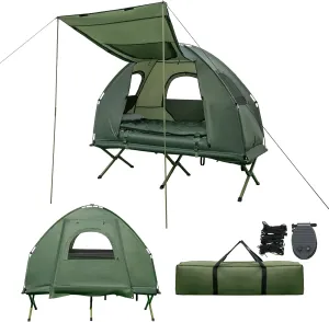 Goplus Camping Tent Cot, 5-in-1 Folding Camping Bed with Awning, Air Mattress, Sleeping Bag, Bedspread, Off Ground Elevated 1-2 Person Cot Tent with Carrying Bag, Air Pump for Camping Picnic Outdoor