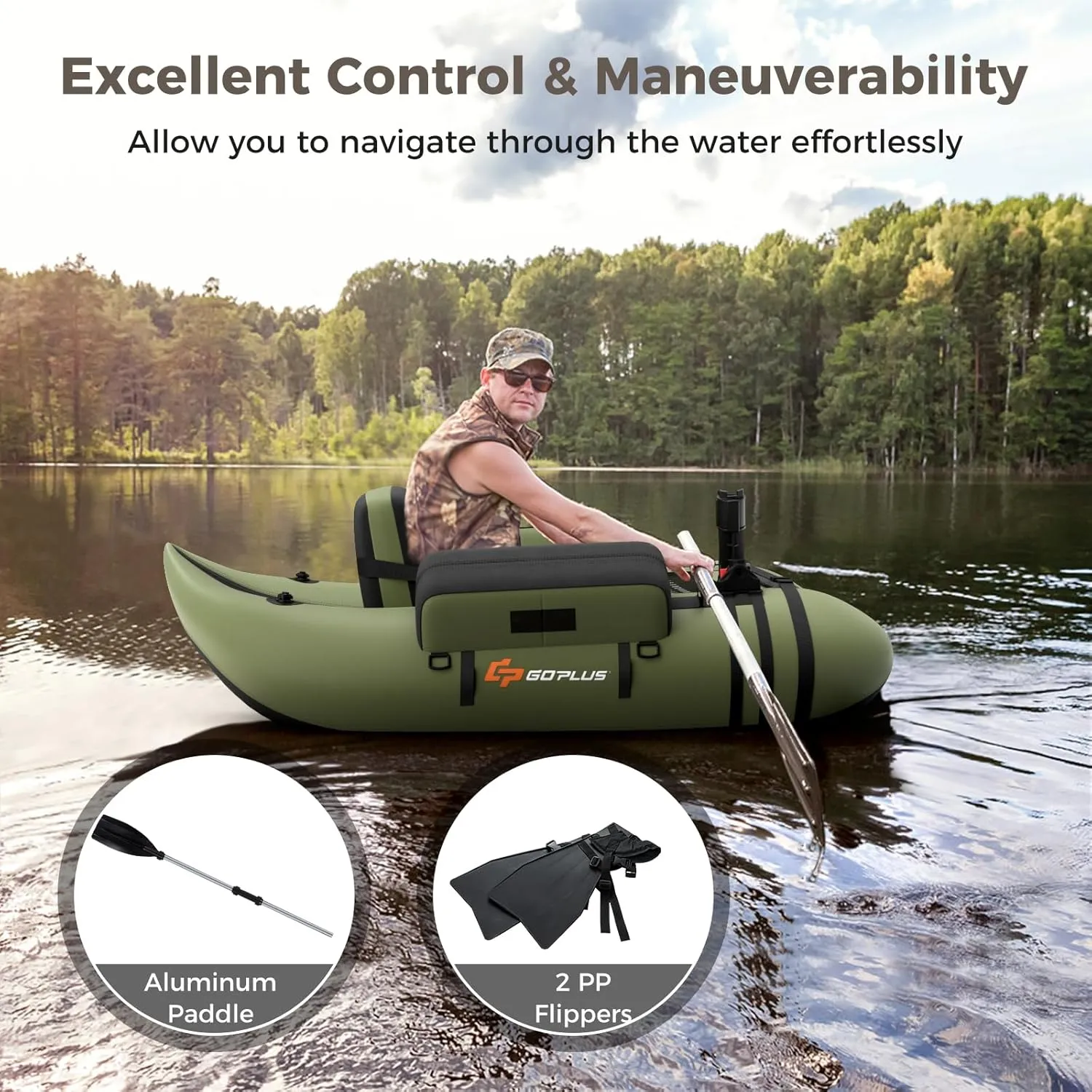 Goplus Inflatable Float Tube, Fishing Belly Boat with Fish Ruler, Pump, Storage Bag, Adjustable Straps, Fishing Float Tube for Angling, 350LBS Load Capacity