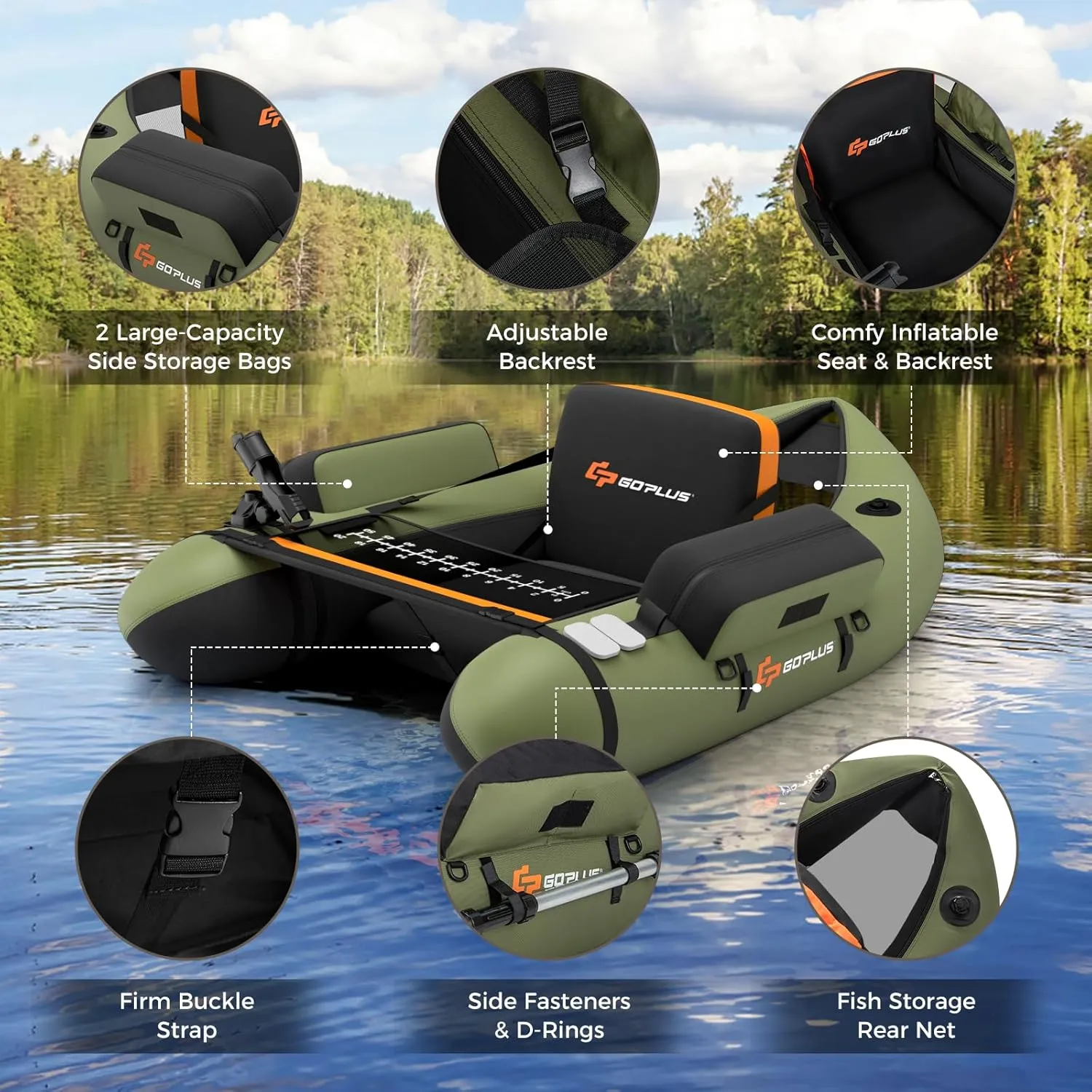 Goplus Inflatable Float Tube, Fishing Belly Boat with Fish Ruler, Pump, Storage Bag, Adjustable Straps, Fishing Float Tube for Angling, 350LBS Load Capacity