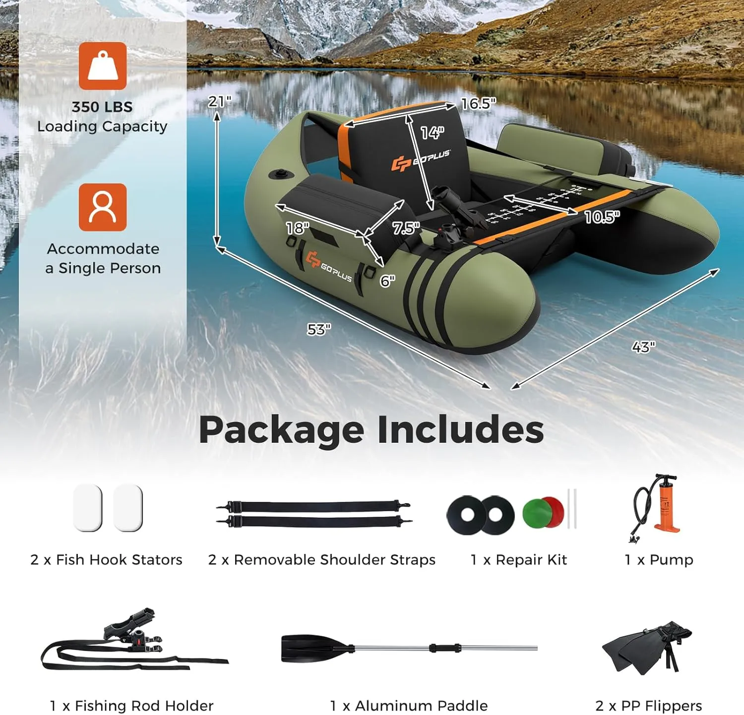 Goplus Inflatable Float Tube, Fishing Belly Boat with Fish Ruler, Pump, Storage Bag, Adjustable Straps, Fishing Float Tube for Angling, 350LBS Load Capacity