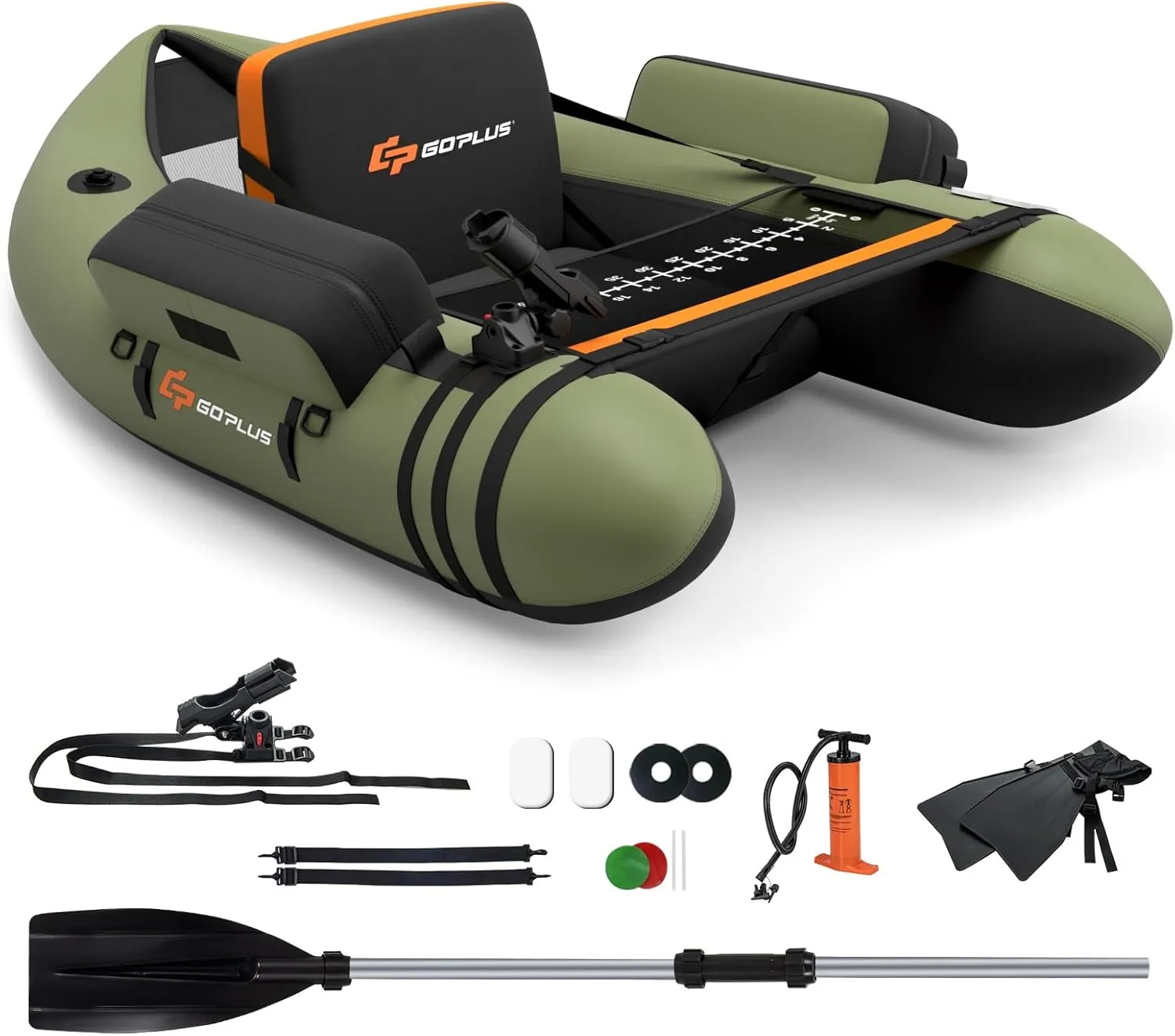 Goplus Inflatable Float Tube, Fishing Belly Boat with Fish Ruler, Pump, Storage Bag, Adjustable Straps, Fishing Float Tube for Angling, 350LBS Load Capacity