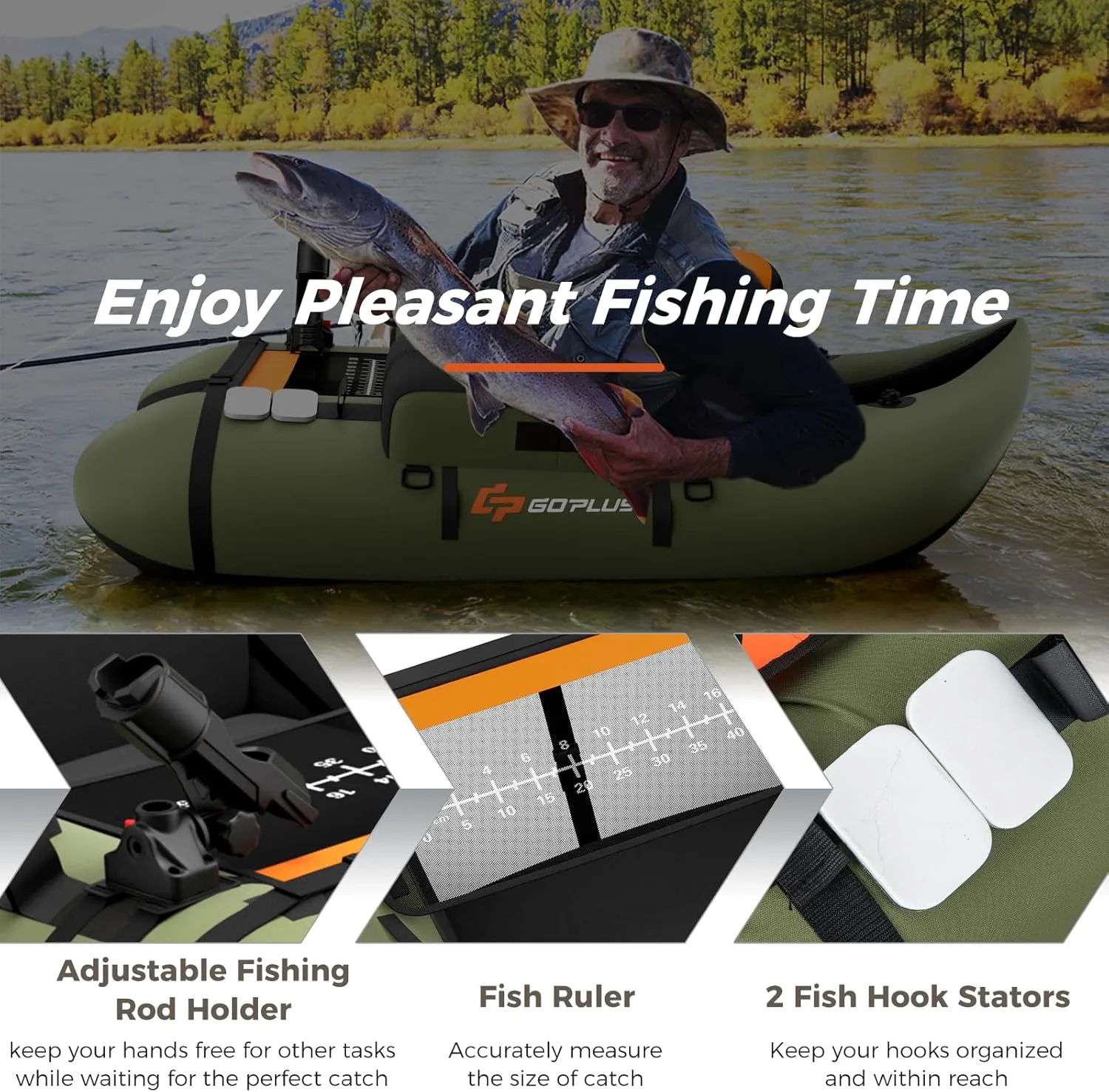 Goplus Inflatable Float Tube, Fishing Belly Boat with Fish Ruler, Pump, Storage Bag, Adjustable Straps, Fishing Float Tube for Angling, 350LBS Load Capacity