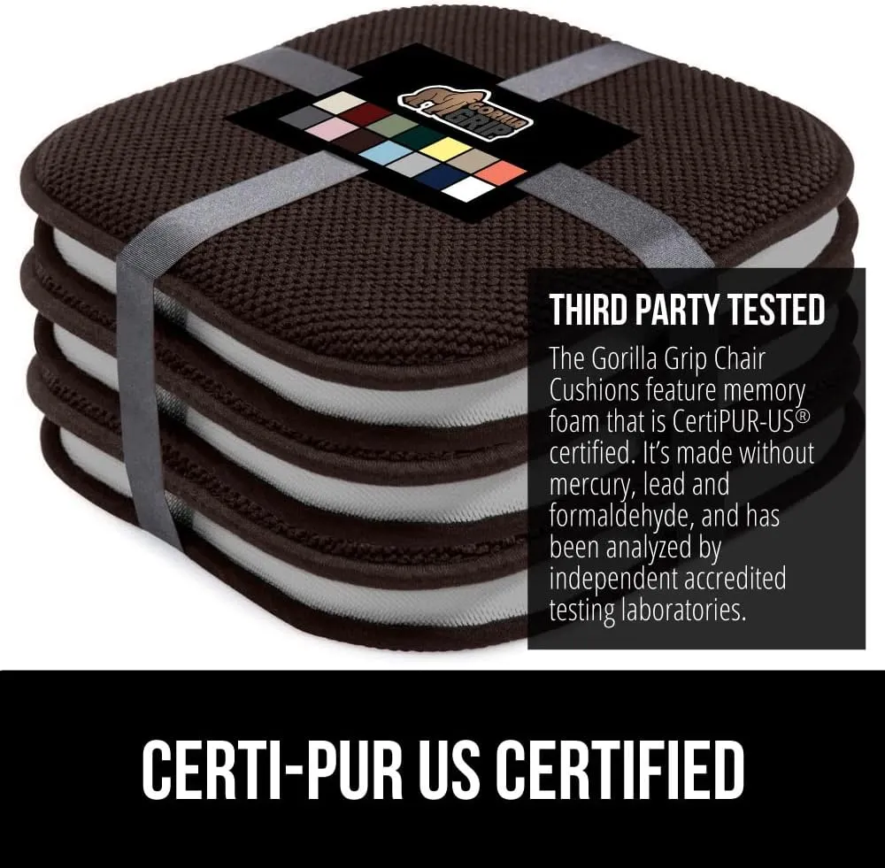 GORILLA GRIP Slip Resistant Chair Cushions, No Ties Required, Memory Foam Pads for Dining Room, Kitchen Table, Office, Rocking Chairs, Plush Seat Cover Cushion Pad, Home Decor, Set of 2 16x16, Brown