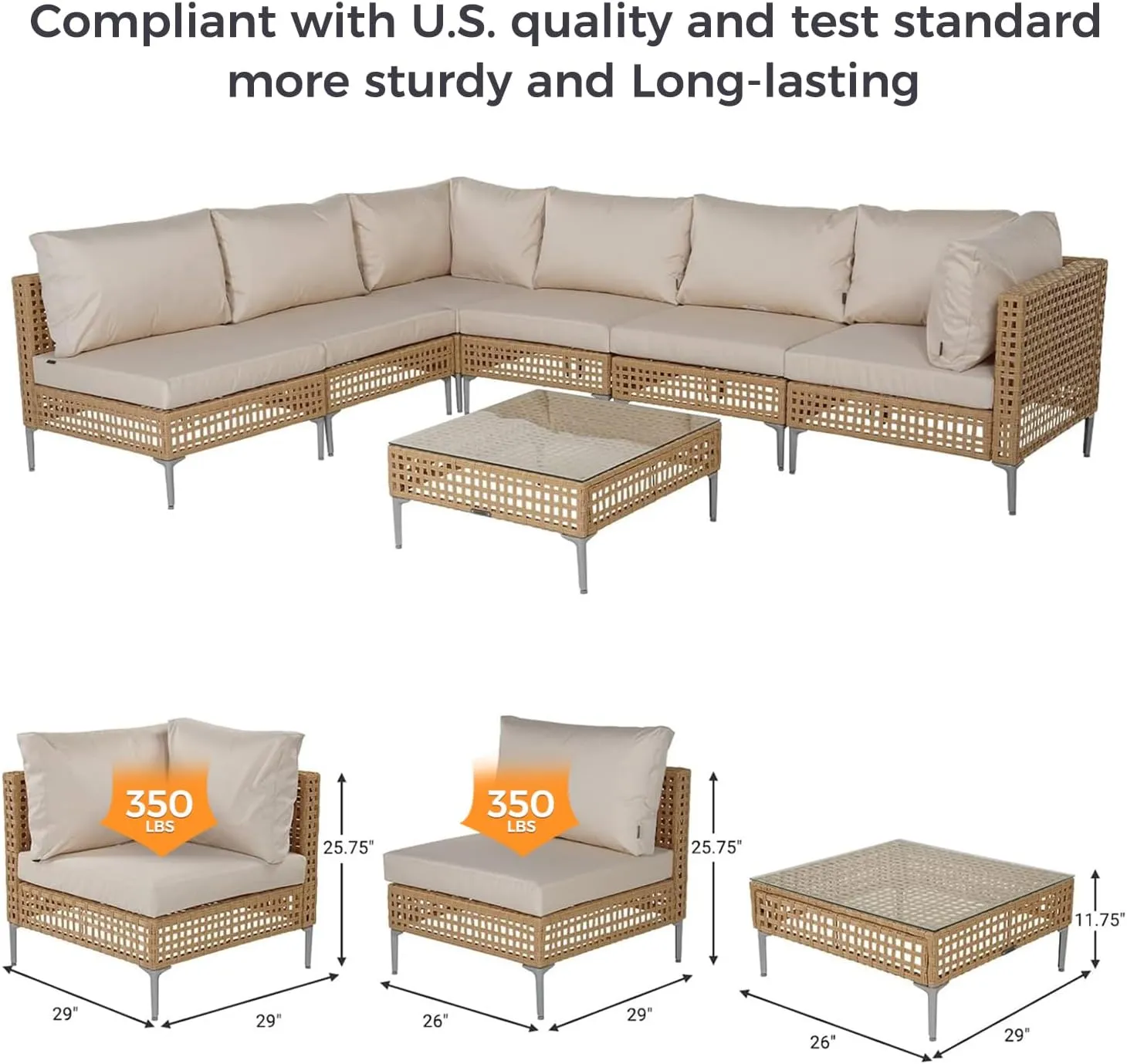 Grand patio 7-Piece Wicker Patio Furniture Set, Boho Outdoor Conversation Set Sectional Sofa with Water Resistant Thick Cushions and Coffee Table, Beige