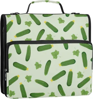 Green Cucumbers and Leaves Zipper Binder, 1.5 inch 3 Ring Binder Organizer Bag with Shoulder Strap and Handle, Multi-Pocket, 500 Sheet Capacity