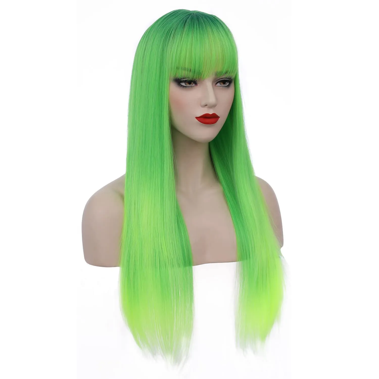Green Wig - Long Straight Lime Green Wig with Bangs, Heat Resistant Synthetic Hair for Women & Girls Cosplay Costume