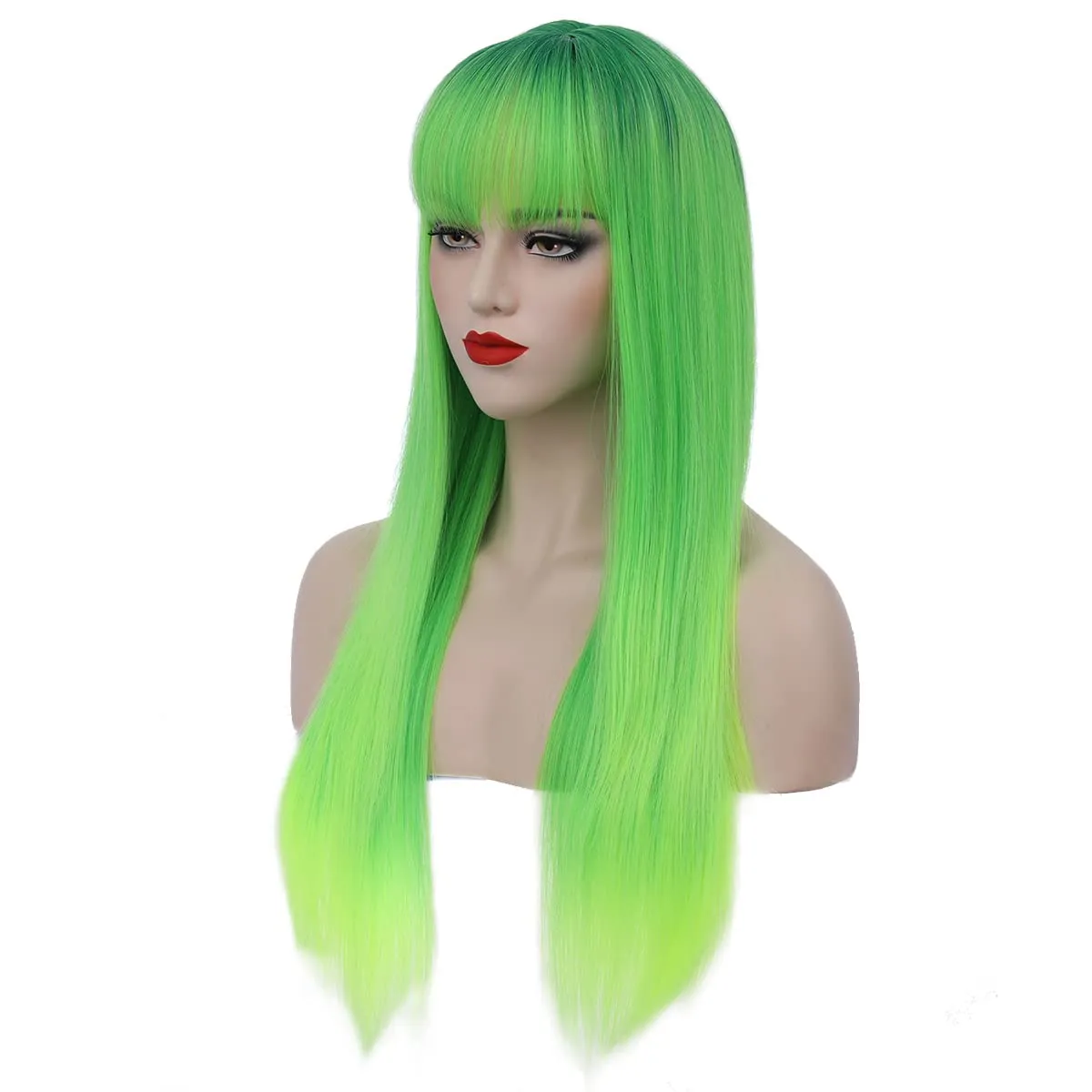 Green Wig - Long Straight Lime Green Wig with Bangs, Heat Resistant Synthetic Hair for Women & Girls Cosplay Costume