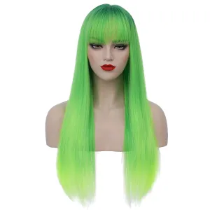 Green Wig - Long Straight Lime Green Wig with Bangs, Heat Resistant Synthetic Hair for Women & Girls Cosplay Costume