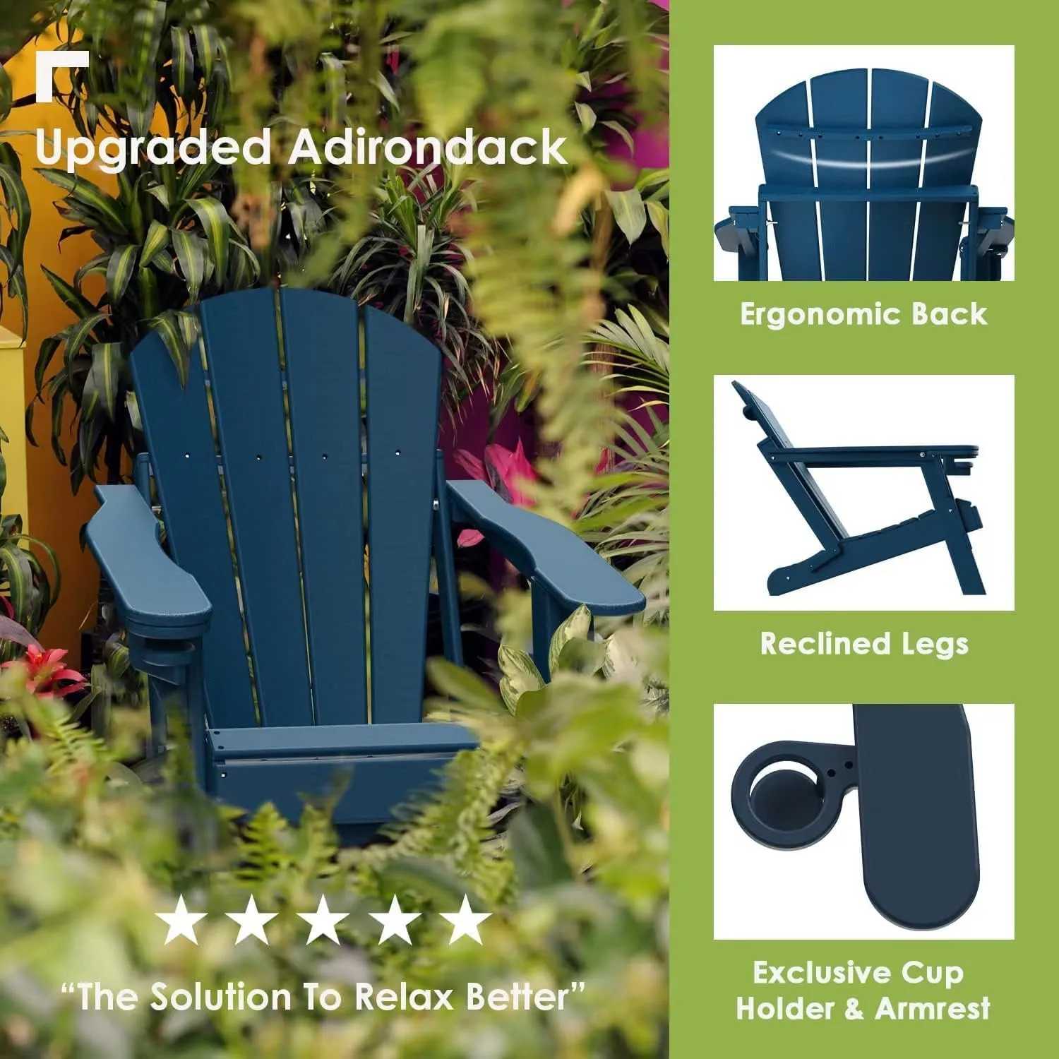 GREENVINES Folding-Adirondack-Chairs-Set-of-2 | HDPE Plastic | Fire Pit Chair | All Weather | Cup Holder | Blue | for Deck Backyard Patio Outdoor Garden
